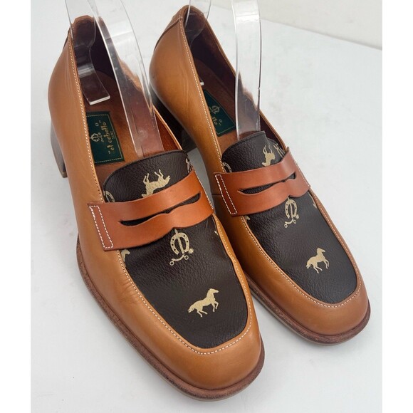 El Caballo 1892 Womens Heeled Loafers Caramel Brown Leather Horsebit Equestrian - Picture 1 of 14